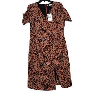 THML Dress Size M Brown Black Animal Print Ruched Gathered Lined Back Zip